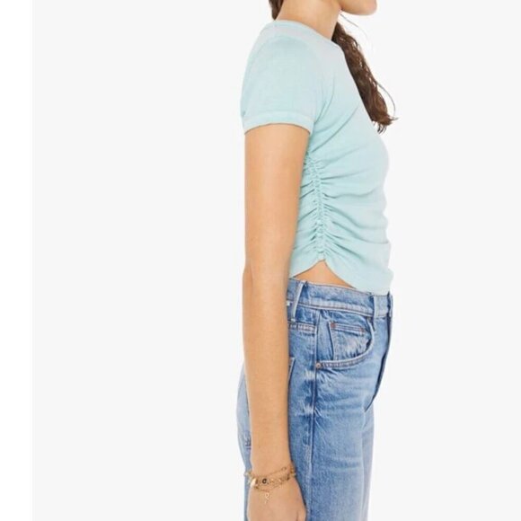 #33 NWT MOTHER Denim The It's A Cinch Side Ruched Tee in Eggshell Blue - Picture 3 of 6